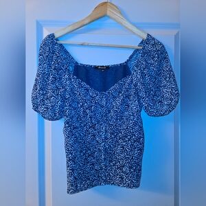 Madewell Navy and White Puff-Sleeve Square-Neck Blouse